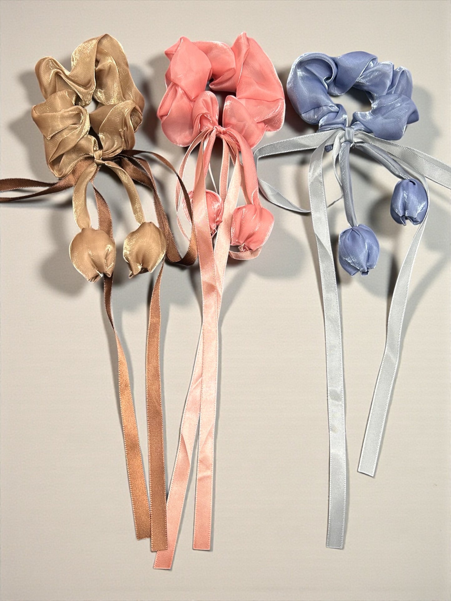 Satin Ribbon Scrunchies with Tulip Tassel – Elegant Hair Tie for Girls & Women( pack of 12)