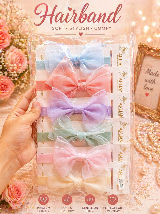 Korean Organza Bow Hairband Set – Soft Pastel Headbands Combo(pack of 12)