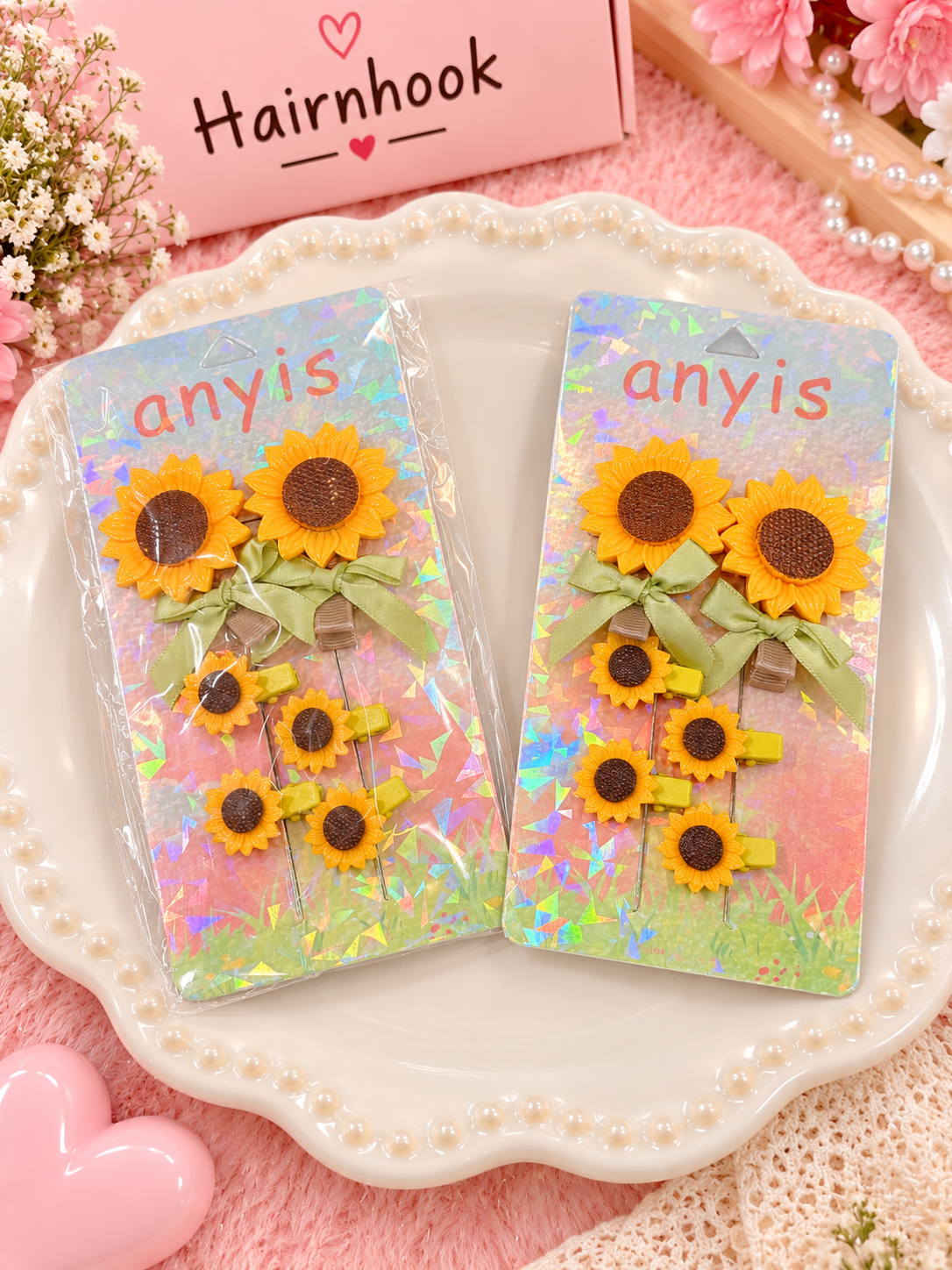 Cute Sunflower Hair Clip Set with Green Bows (pack of 12)