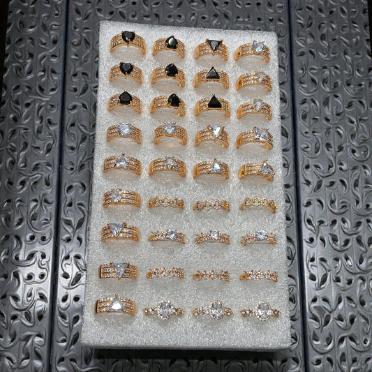 Gold Plated Crystal & Black Stone Adjustable Rings Set – Designer Assorted Collection( pack of 36)