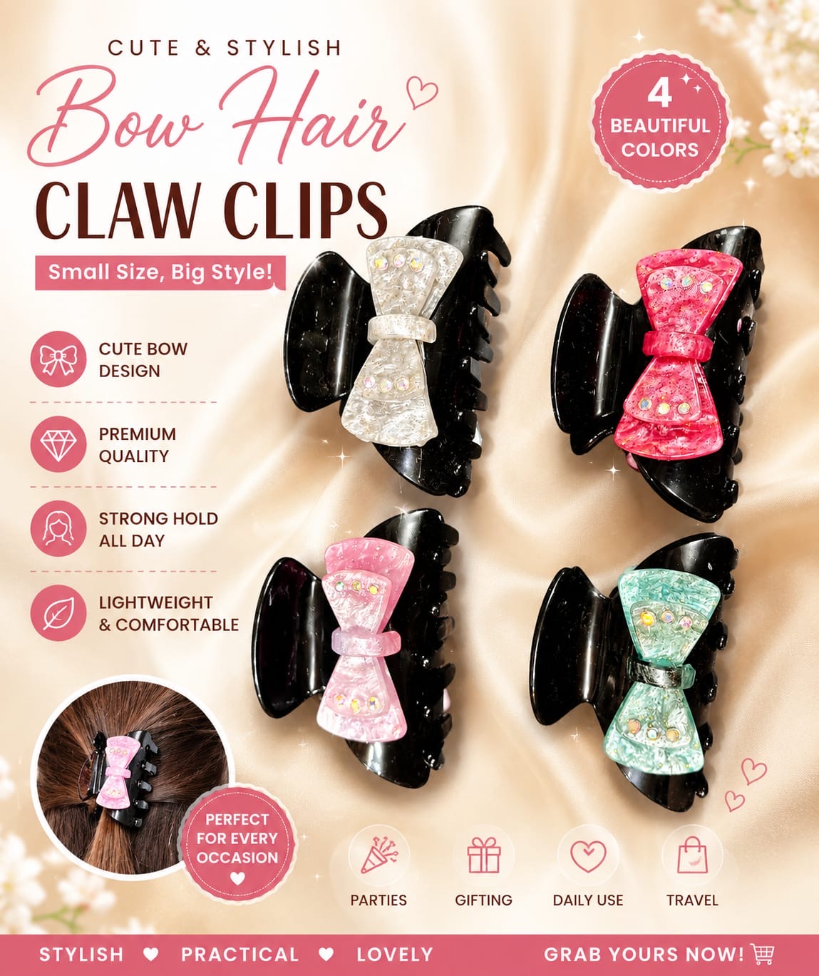 Cute Bow Hair Claw Clips Set for Women & Girls – Mini Stylish Strong Hold Hair Accessories(pack of 12)