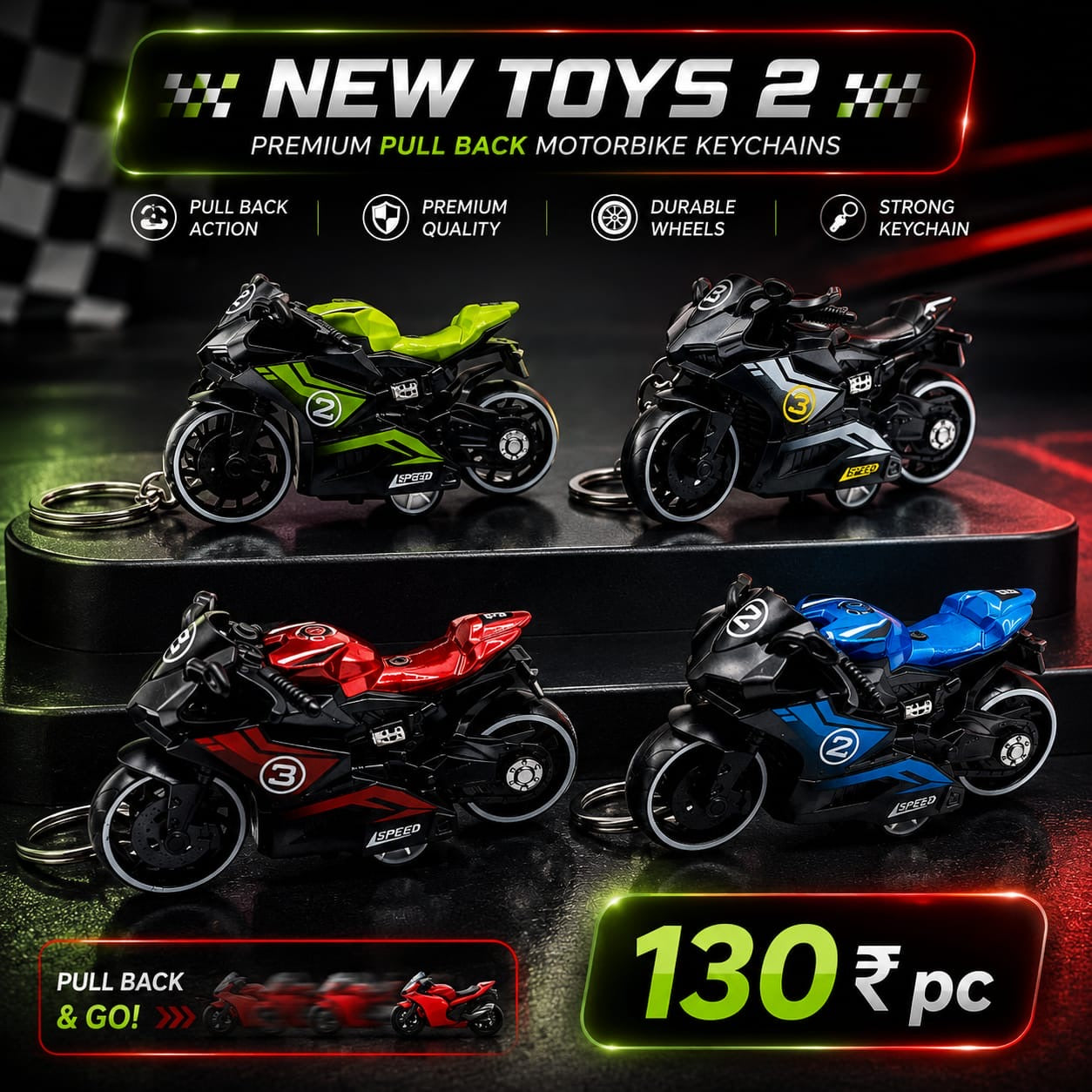 New Toys 2 Premium Pull Back Motorbike Keychains( pack of 6)