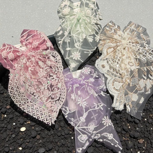 Luxury Embroidered Lace Long Bow Hair Clip for Girls & Women( pack of 12)