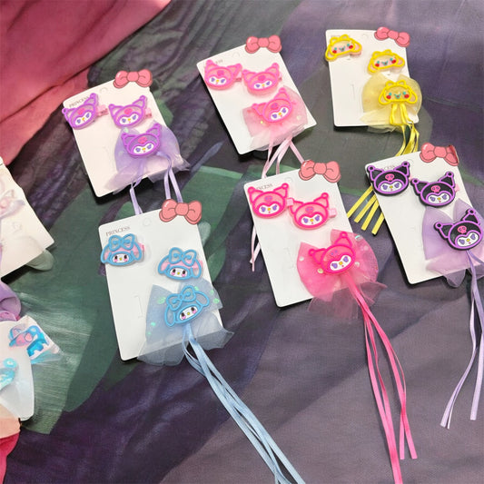 Kawaii Style Cartoon Hair Clips for Girls – Bow & Tulle Hair Accessories ( pack of 12)