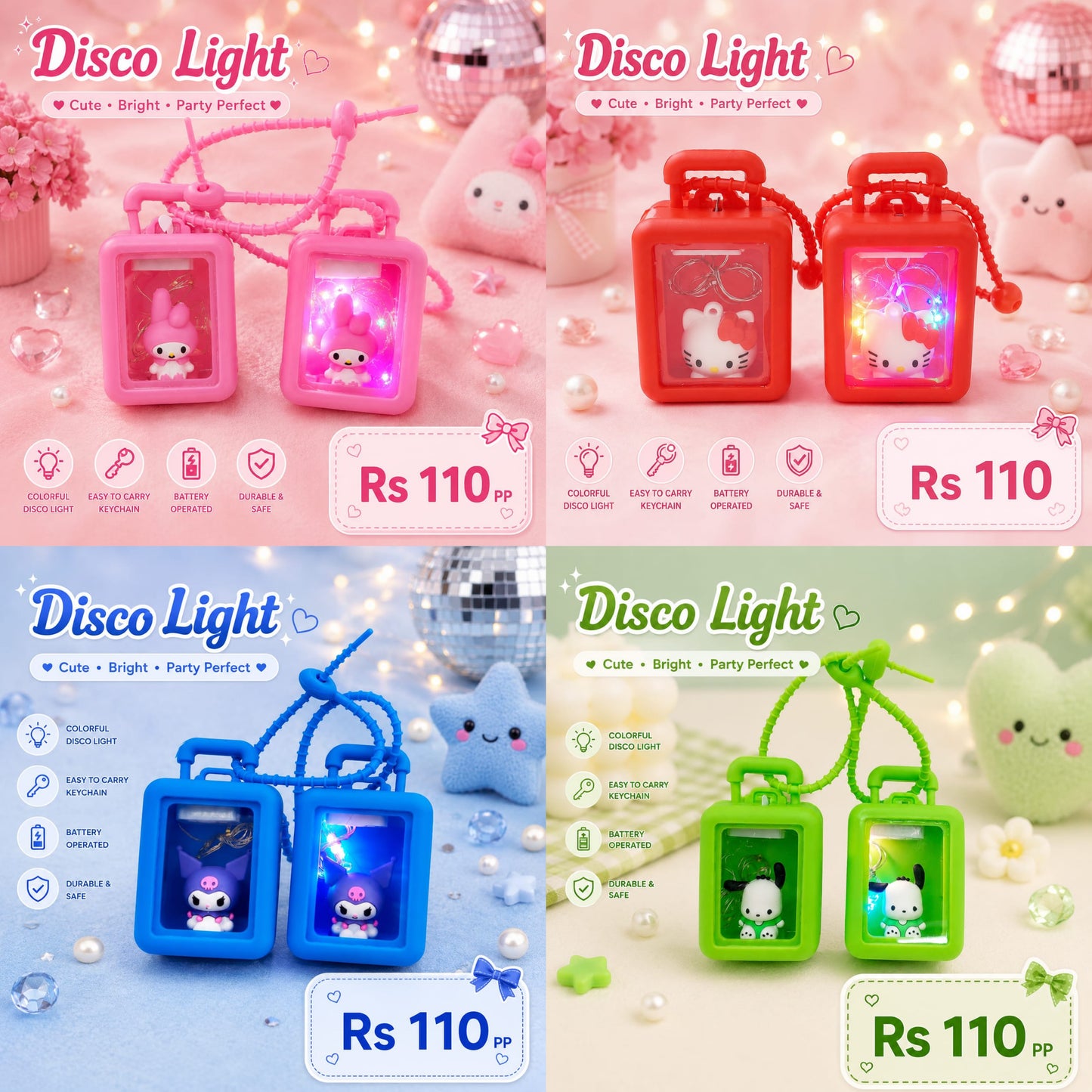 Cute LED Disco Light Keychain | Mini Colorful Party Light | Korean Kawaii Bag Charm(pack of 12 mix design)