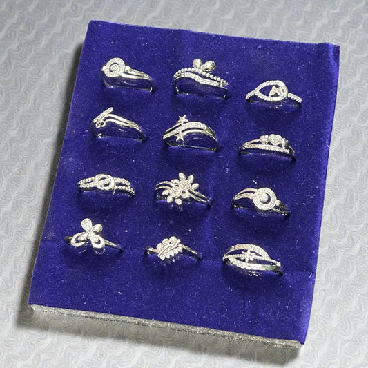 Silver Finish Crystal Adjustable Rings Set – Elegant Designer Assorted Collection( pack of 12)