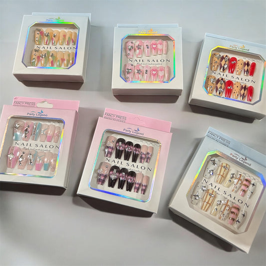 Premium Press-On Nails with Glitter & Crystal Design( pack of 12)