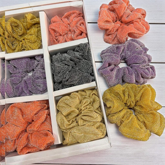 Glitter Shimmer Fabric Hair Scruncher Set – Bright Sparkle Stretchable Ponytail Holders ( pack of 12)