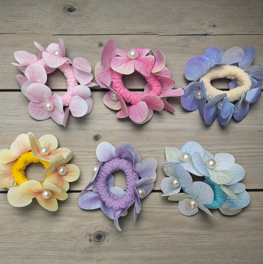 Floral Pearl Hair Scrunchies | Soft Fabric Flower Scrunchie for Girls & Women (pack of 12)