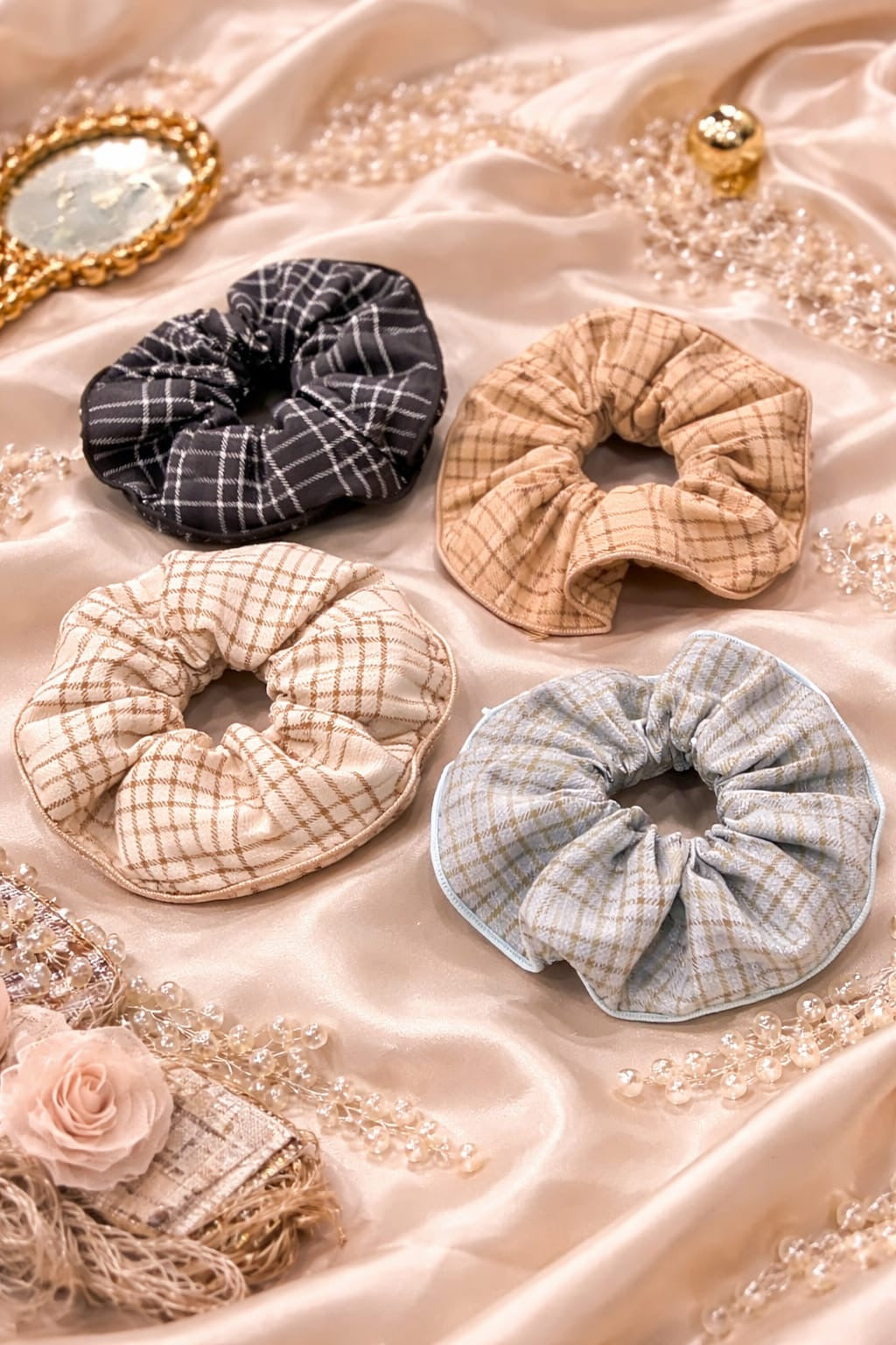 Korean Checkered Scrunchie Set – Soft Plaid Hair Ties for Women & Girls( pack of 12)