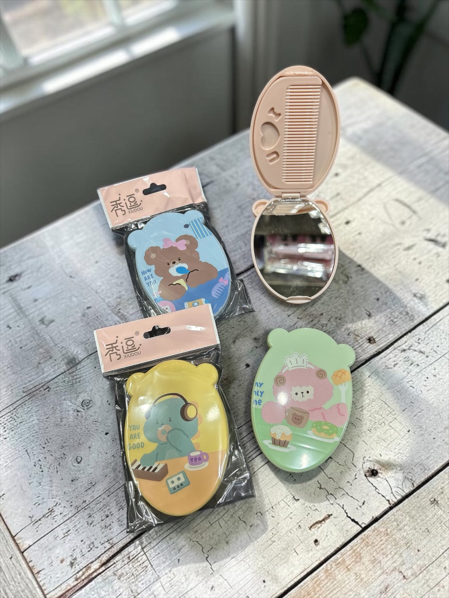 Cartoon Bear Mini Comb with Mirror – Foldable Pocket Hair Comb(pack of 12)