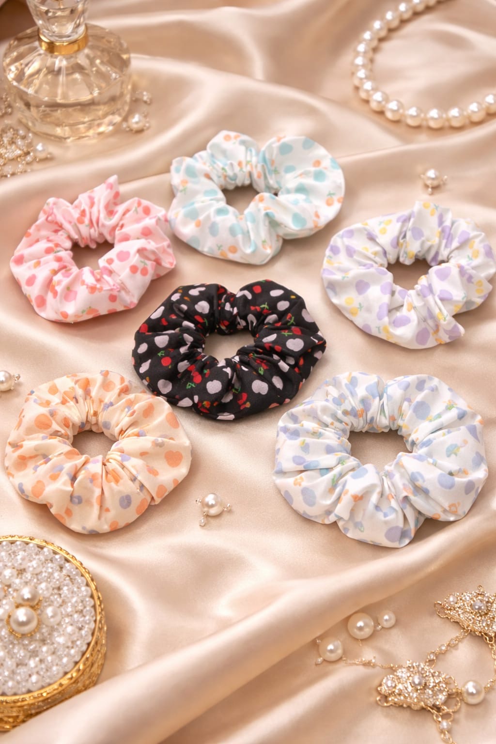 Korean Cute Printed Scrunchie Set – Soft Pastel Heart & Cherry Hair Ties for Women & Girls ( pack of 12)