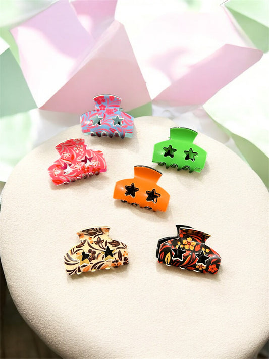 Korean Style Star Cut Mini Hair Claw Clips – Cute Printed Hair Clutcher for Girls & Women( pack of 12)