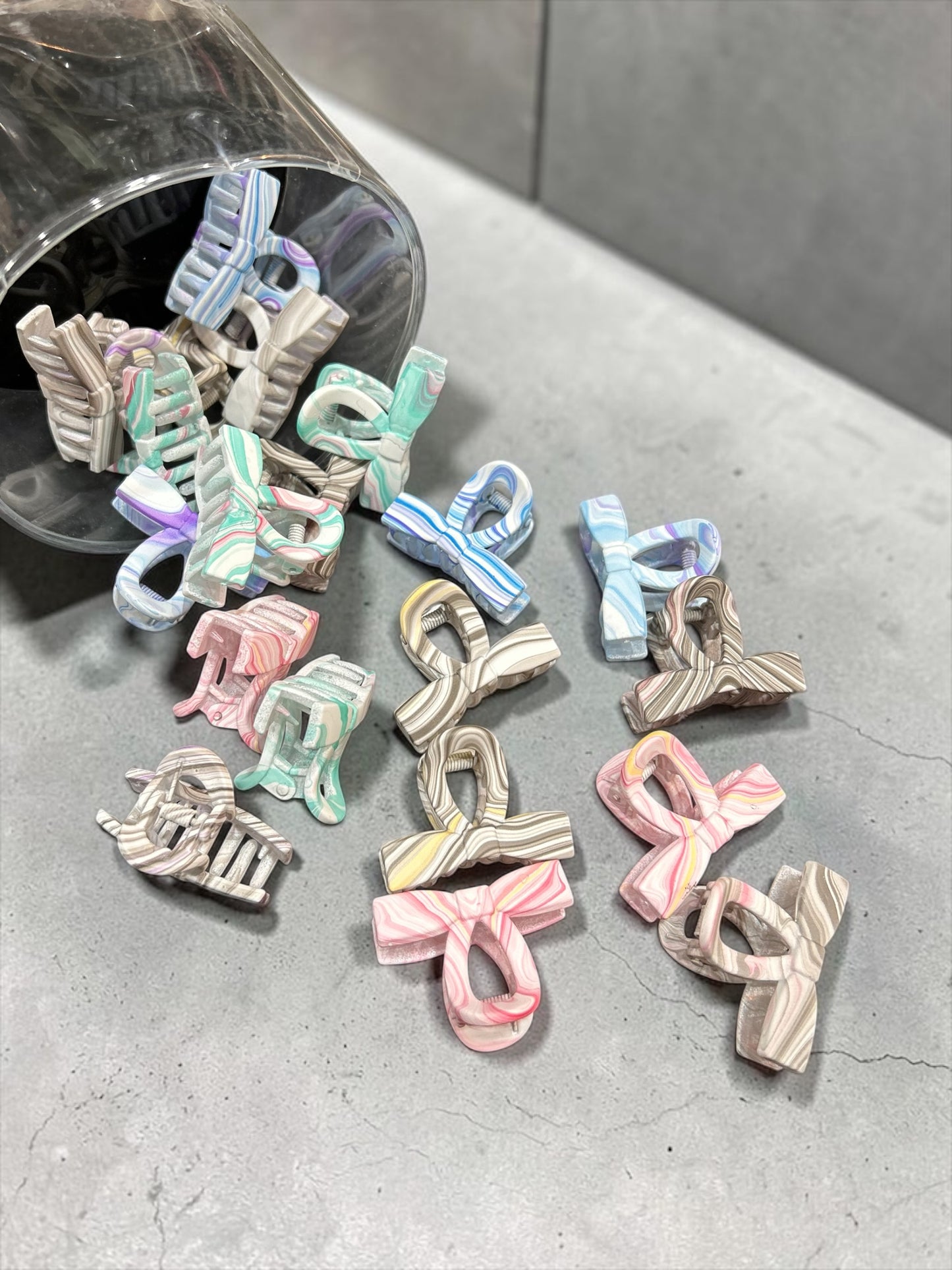 Marble Bow Mini Claw Clips Jar Set | Korean Aesthetic Hair Clutcher Collection( pack of 20)