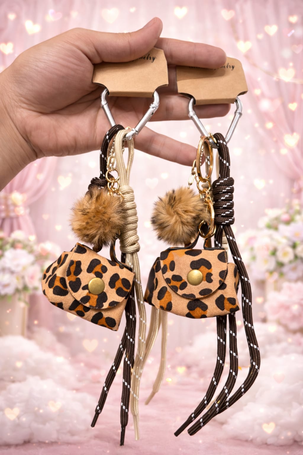 Leopard Print Mini Pouch Keychain with Rope Strap & Balloon Charm( pack of 3)