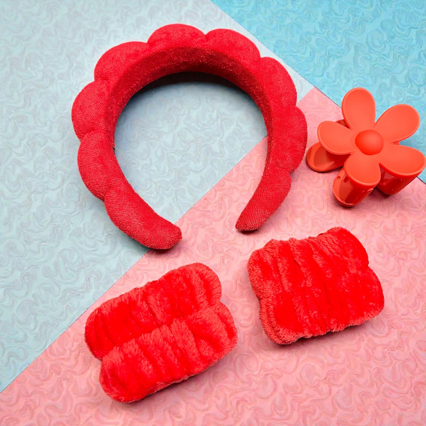 Hair Accessories Set – Soft Makeup Headband, Flower Hair Claw & Wrist Wash Bands combo set ( pack of 6 colour)