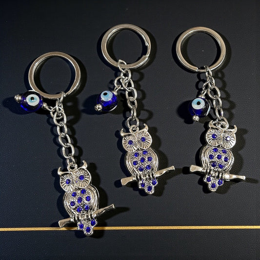 Silver Owl Evil Eye Keychain – Blue Crystal Protective Charm Key Ring( pack of 12)