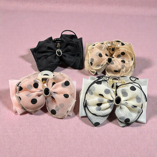 Korean Polka Dot Organza Bow Hair Clutcher – Elegant Designer Hair Clip( pack of 12)