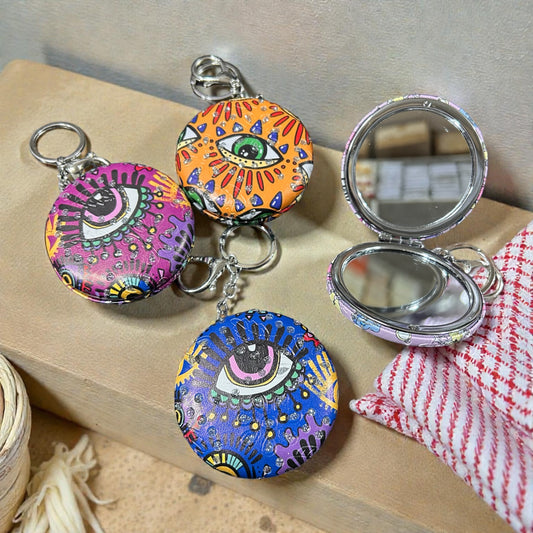 Evil eye Printed Compact Mirror Keychain – All Designs | Cute Foldable Pocket Mirror ( pack of 12)