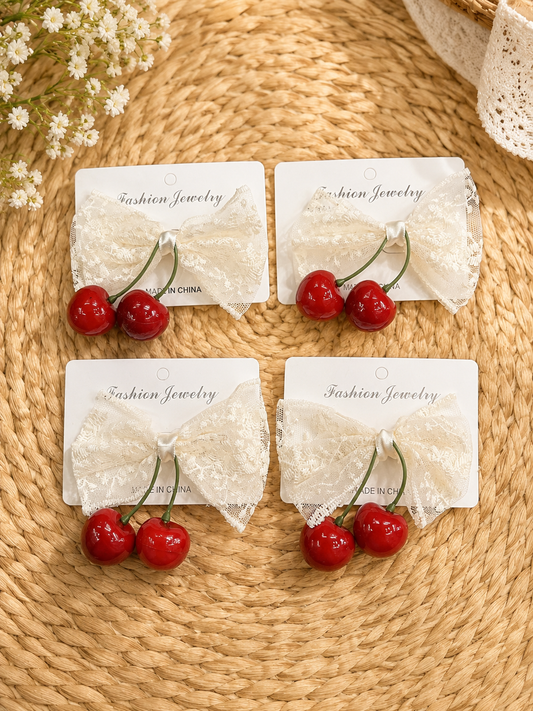 Cherry Lace Bow Hair Tie – Cute Korean Style Hair Accessory(pack of 12)