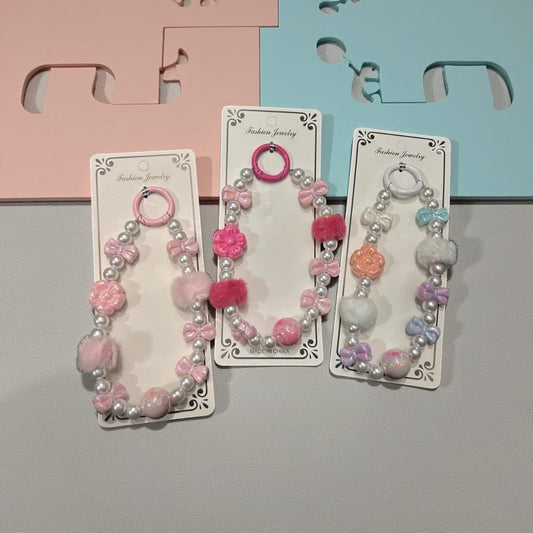 Pearl Bow Phone Charm with Fluffy Pom-Pom – Cute Aesthetic Beaded Mobile Strap for Girls & Women( pack of 12)