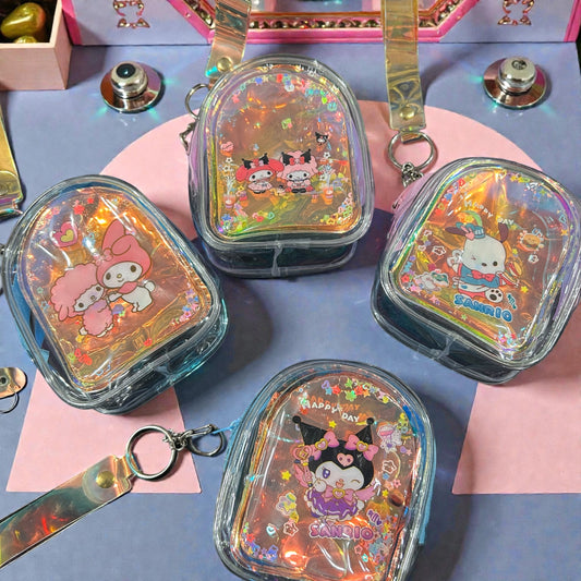 ✨ Cute Holographic Mini Backpack Keychain – Transparent water Glitter Coin Pouch (Sanrio Style) ✨( pack of 12)