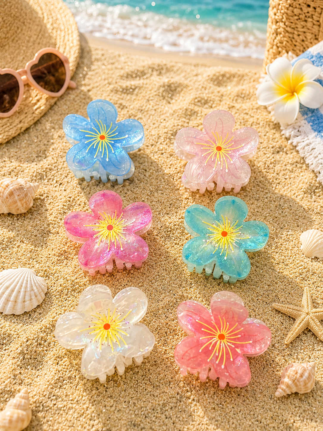 Korean Tropical Flower Hair Claw Clip Set – Pastel Floral Clutcher for Women & Girls(pack of 12)