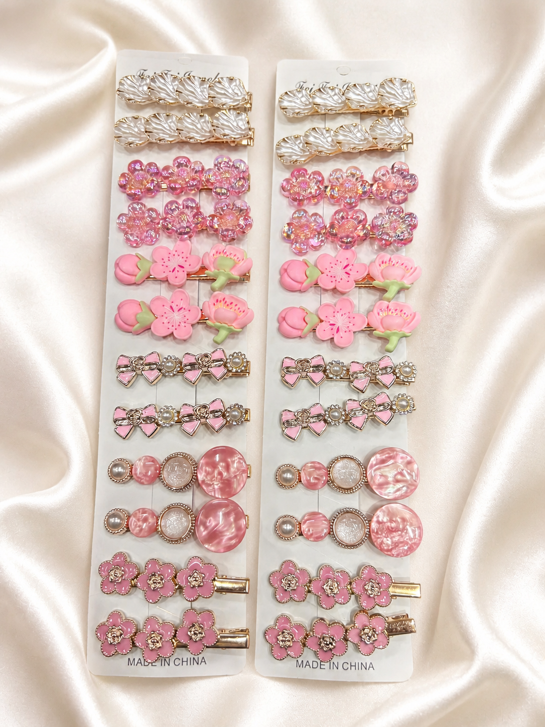 Korean Floral Hair Clip Set – Cute Pink Pearl & Blossom Barrettes (pack of 12 )
