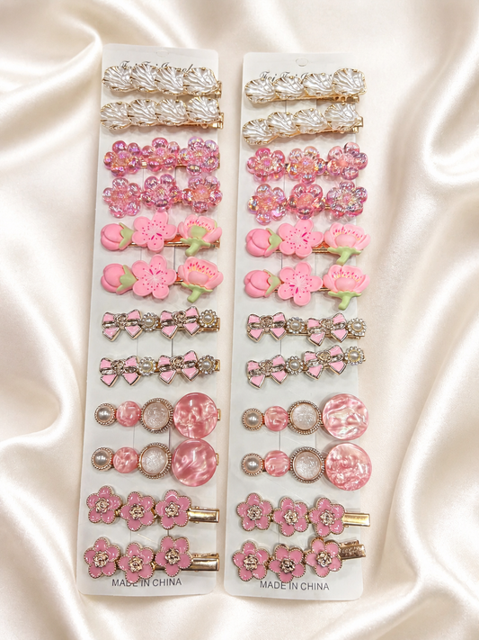Korean Floral Hair Clip Set – Cute Pink Pearl & Blossom Barrettes (pack of 12 )