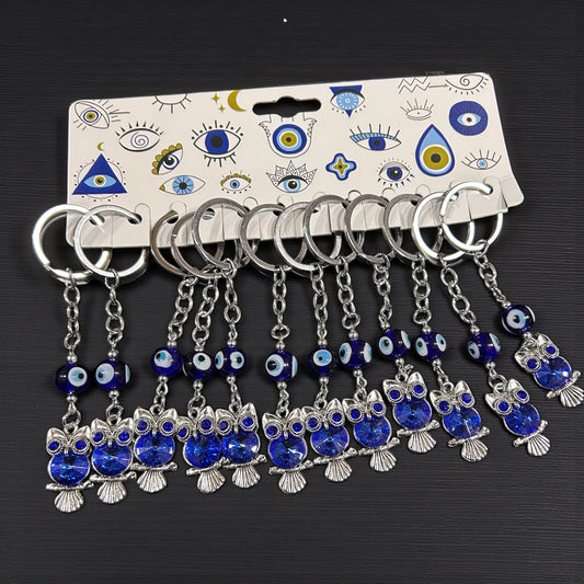 Blue Evil Eye Owl Keychain – Crystal Charm Protective Key Ring Set( pack of 12)