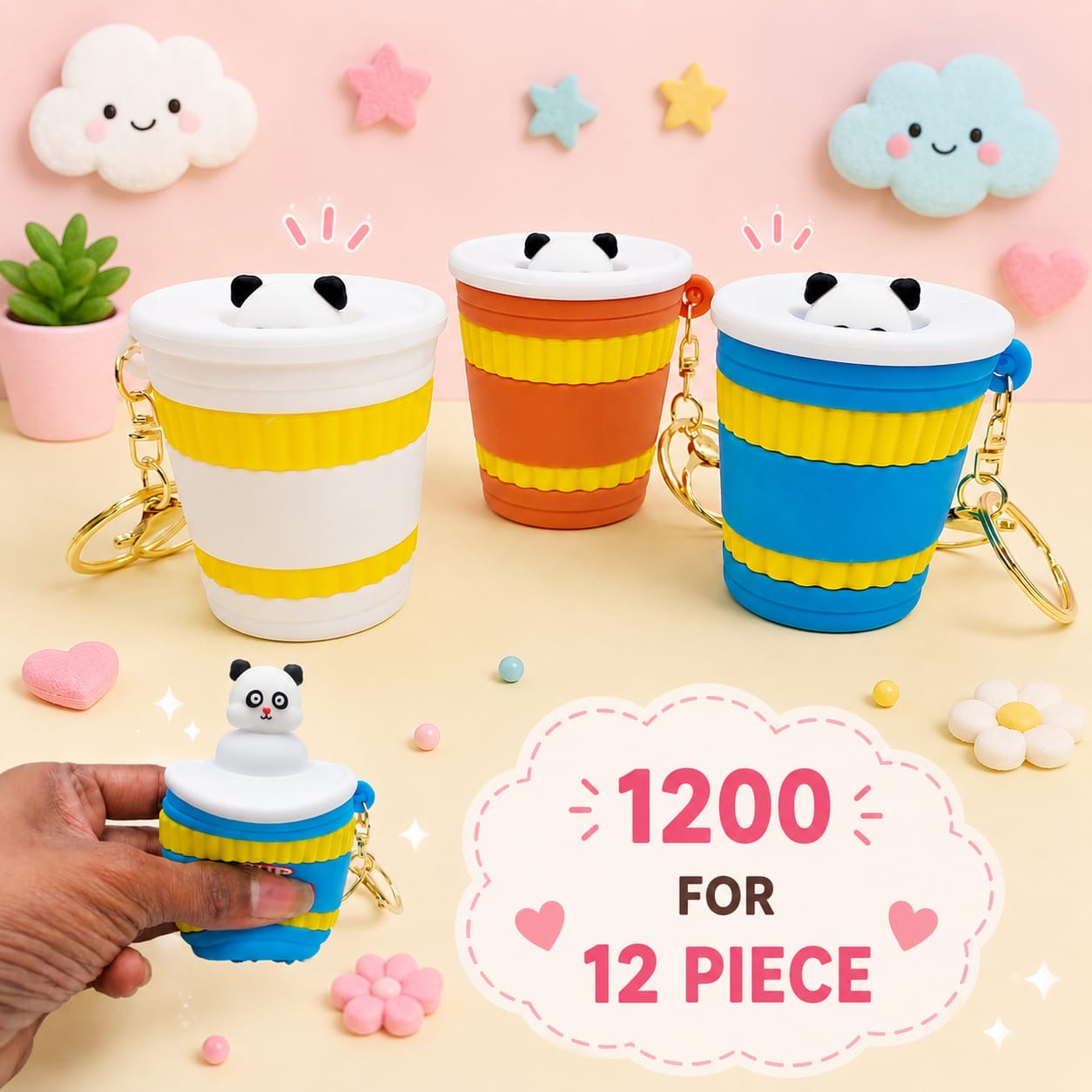 Cute Panda Coffee Cup Keychain Squishy Toy | Mini Cup Keyring Collectible(pack of 6)