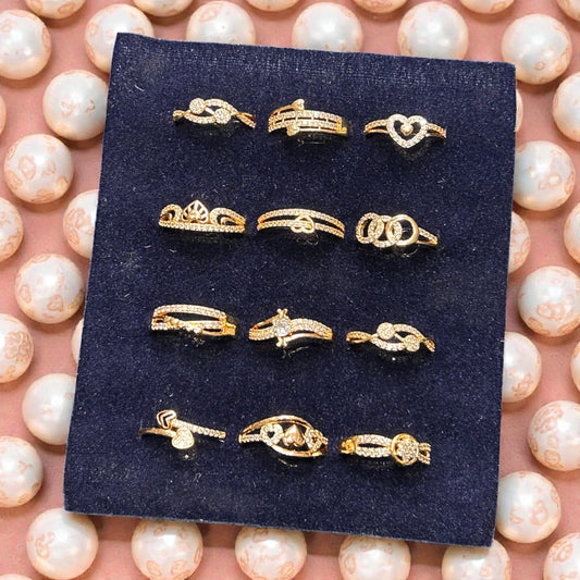 Gold Plated Crystal Adjustable Rings Set – Elegant Designer Assorted Collection( pack of 12)