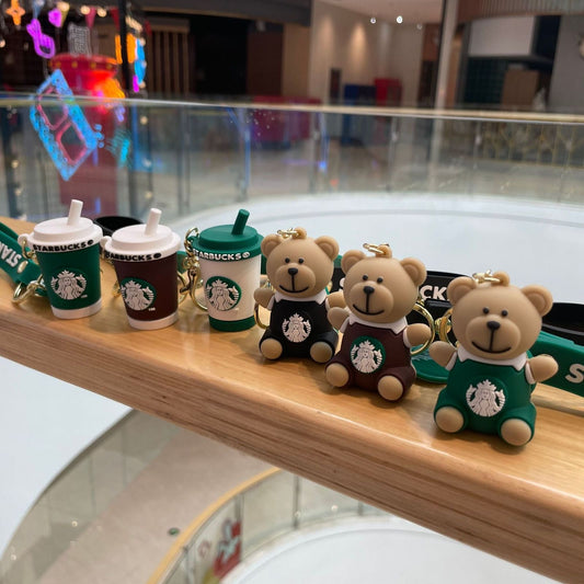 Cute Coffee Cup & Teddy Bear Keychain Set | Soft Rubber Café Style Key Ring with Strap ( pack of 12)
