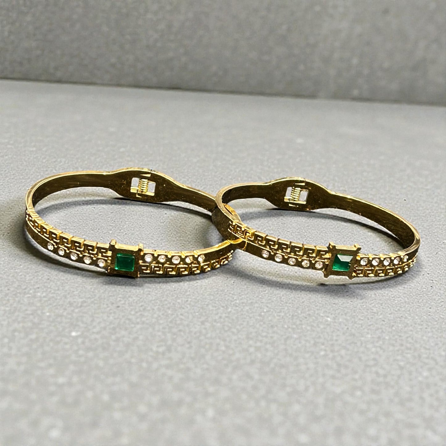 Gold-Tone Greek Key Design Openable Bangles with Green Stone & Crystal Accents ( pack of 3)