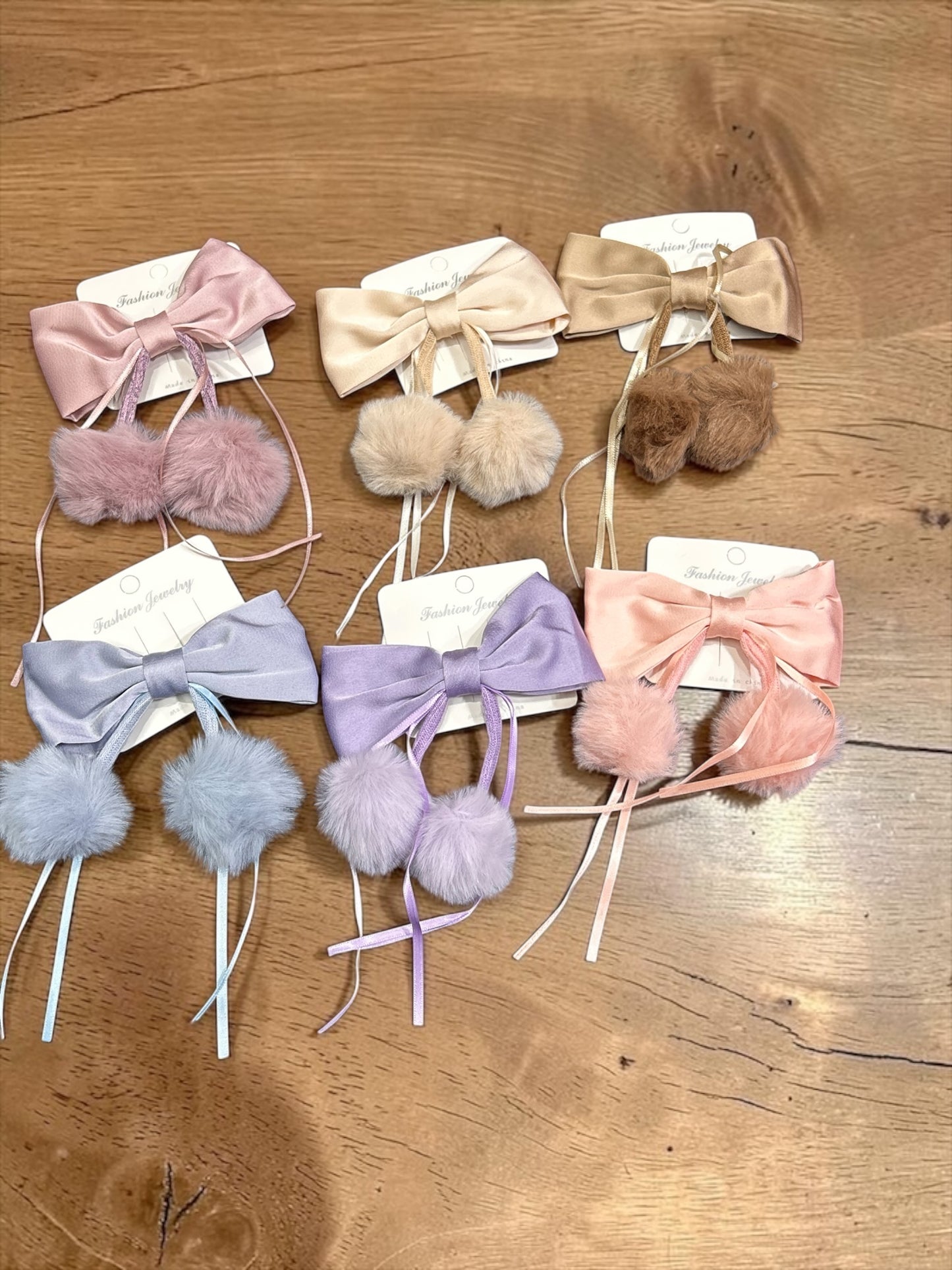 Korean Satin Bow Hair Clip with Faux Fur Pom Poms | Cute Ribbon Hair Bow for Girls | Soft Plush Hair Accessory(pack of 12)
