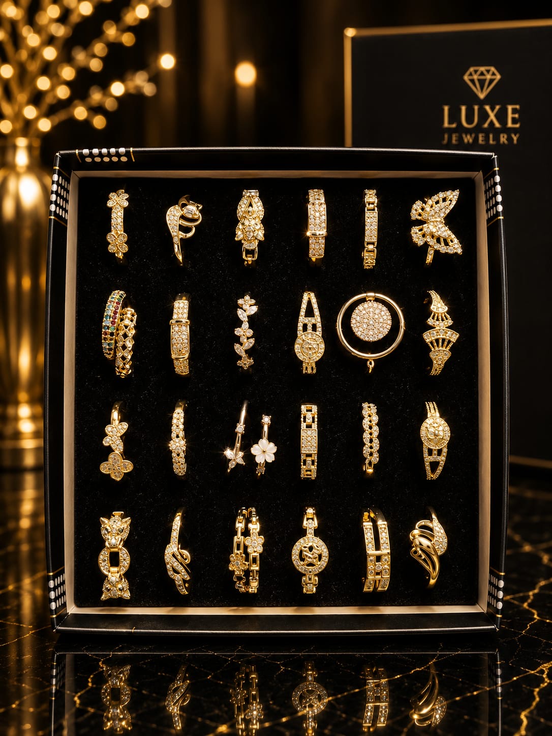 Premium Gold-Plated Adjustable Ring Set – 24 Luxury Statement Designs | Korean Fashion Jewelry Collection(pack of 24)