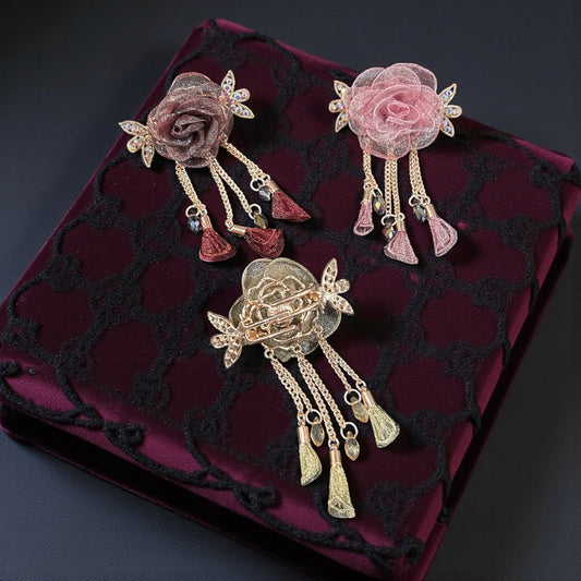 Luxury Rose Floral Hair Clip with Crystal Leaves & Chain Tassels | Designer Party Hair Accessory( pack of 6)