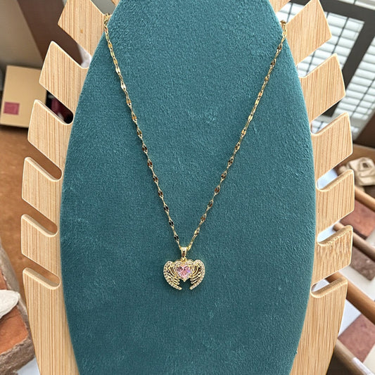 Anti-Tarnish Angel Wings Heart Crystal Gold Pendant Necklace( pack of 3)