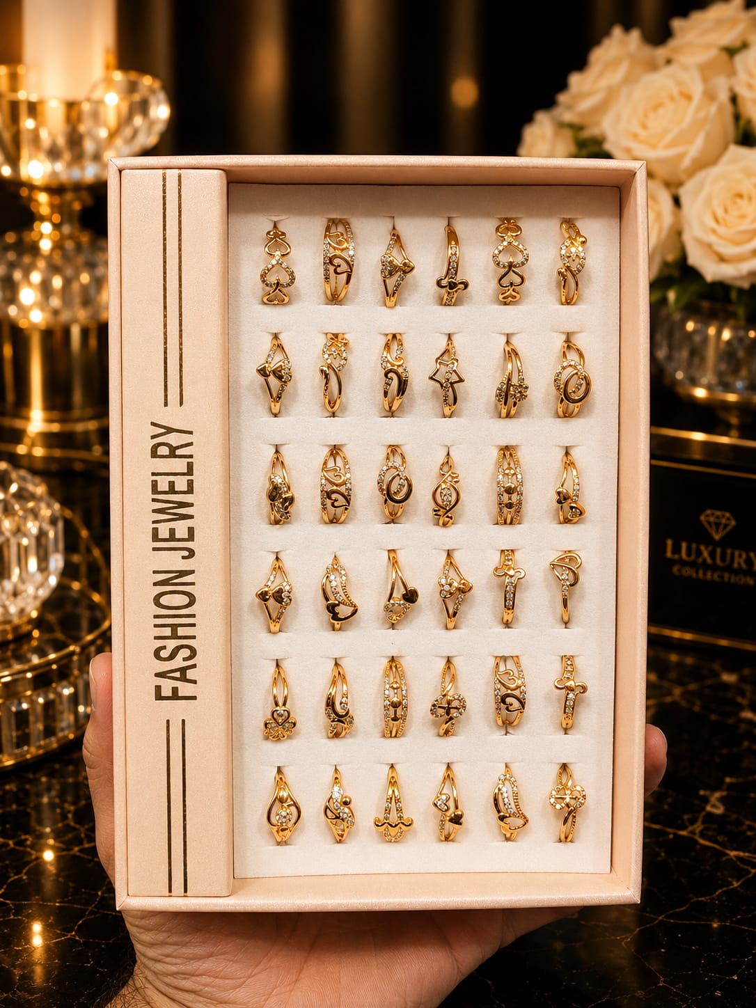 Premium Korean Gold-Plated Adjustable Ring Set – 36 Unique Designs Combo | Luxury Fashion Jewelry Collection(pack of 36)