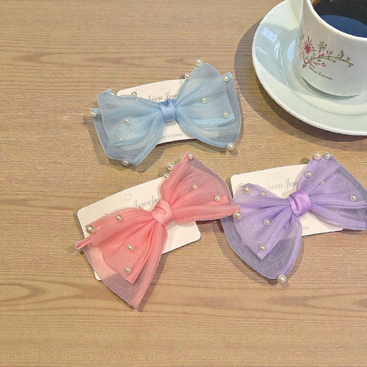 Pearl Embellished Organza Bow Hair Clip for Girls & Women( pack of 12)
