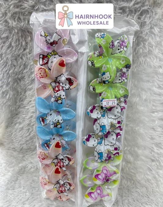 Cute Cartoon Kitty Flower Hair Claw Clips Set | Glossy Character Print | Wholesale Hair Accessories( pack of 12)