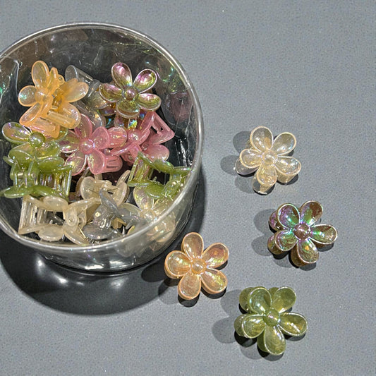 Mini Iridescent Flower Hair Claw Clips – Transparent Glitter Design ( pack of 24)