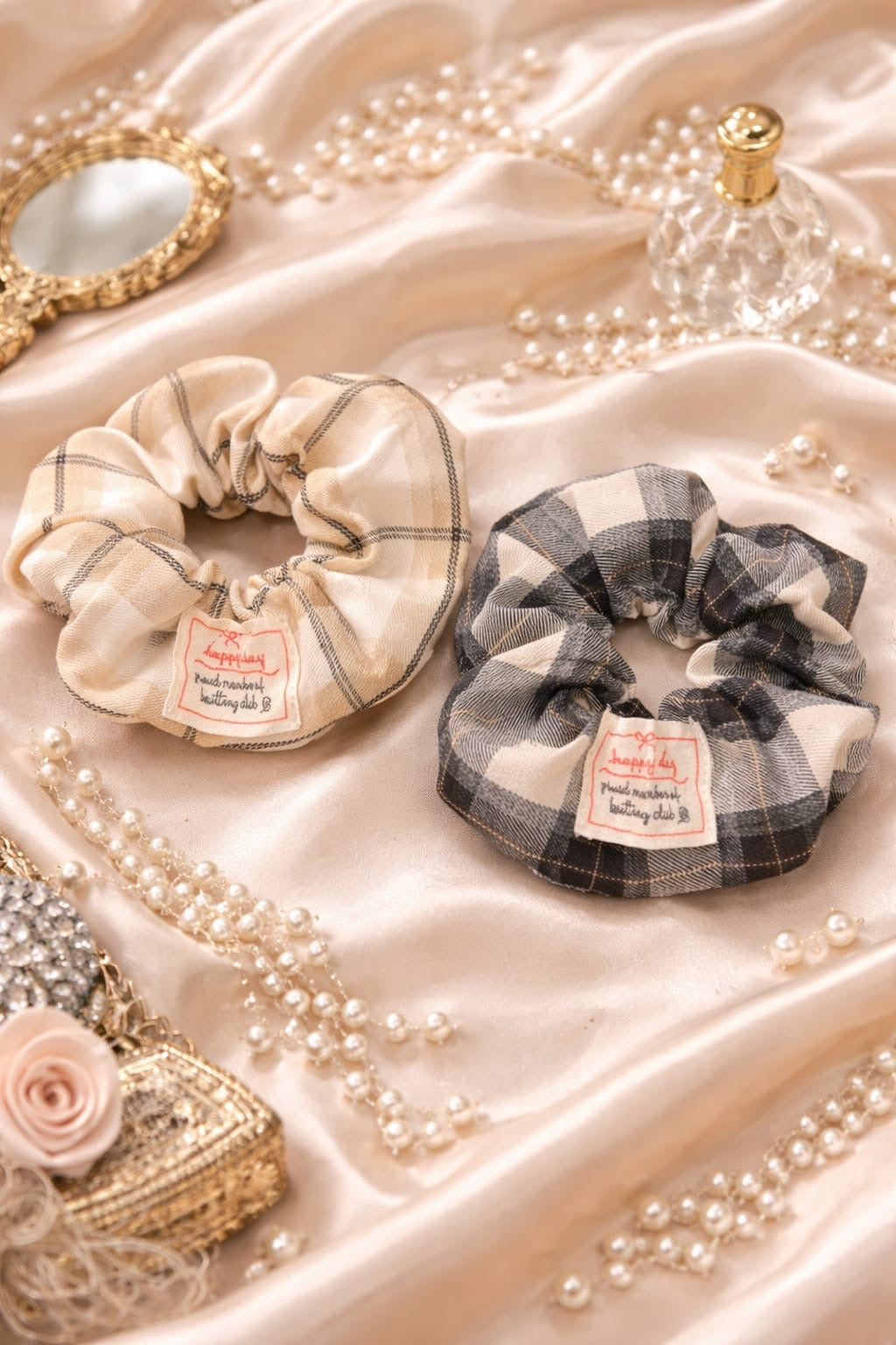 Korean Vintage Check Scrunchie Set with Patch – Soft Plaid Hair Ties for Women & Girls ( pack of 12)