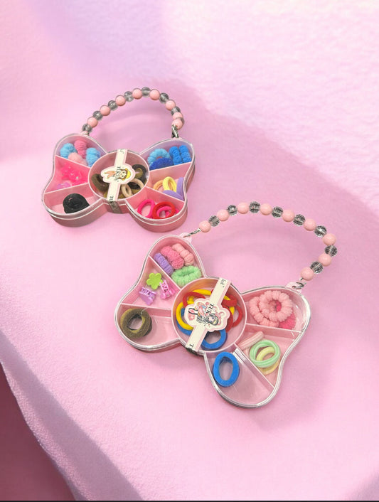 Cute Butterfly Shape Hair Accessories Organizer with Handle – Kawaii Storage Box with Colorful Hair Bands & Clips( pack of 6)