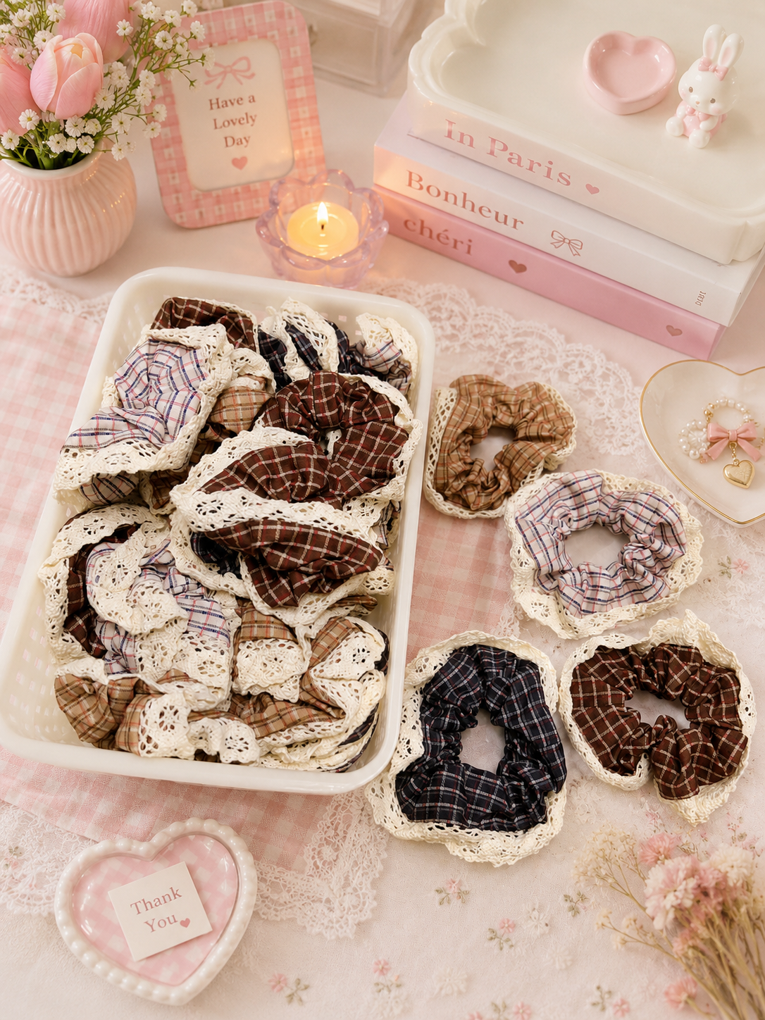Vintage Plaid Lace Scrunchies | Soft Cotton Hair Ties for Women & Girls( pack of 12)