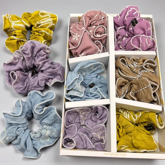 Premium Embroidered Cotton Fabric Hair Scruncher Set – Soft Pastel & Earthy Tones ( pack of 12)
