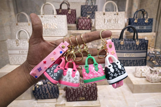Mini Handbag Shape Keychain with Strap | Soft Rubber Fashion Bag Key Ring for Girls & Women( pack of 12)