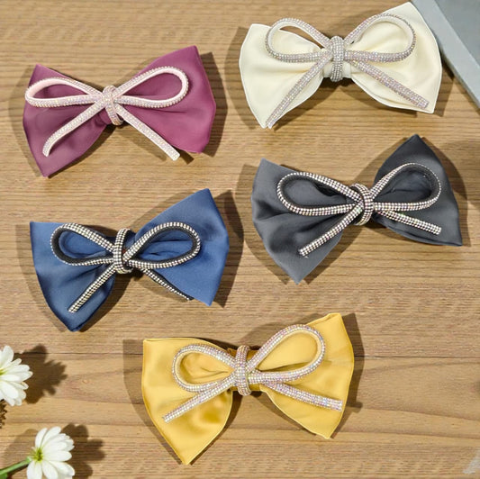 Elegant  Bow Hair Clips for Girls & Women | Rhinestone Ribbon Bow ( pack of 12)