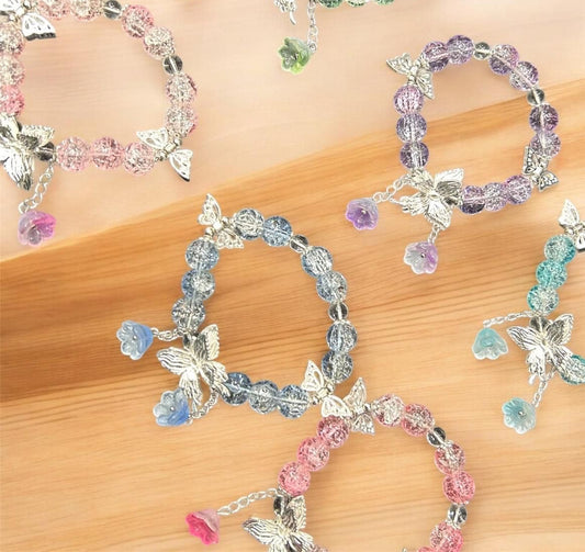 Butterfly Charm Crystal Beaded Bracelet | Adjustable Pastel Glass Beads | Elegant Fashion Jewelry( pack of 12)