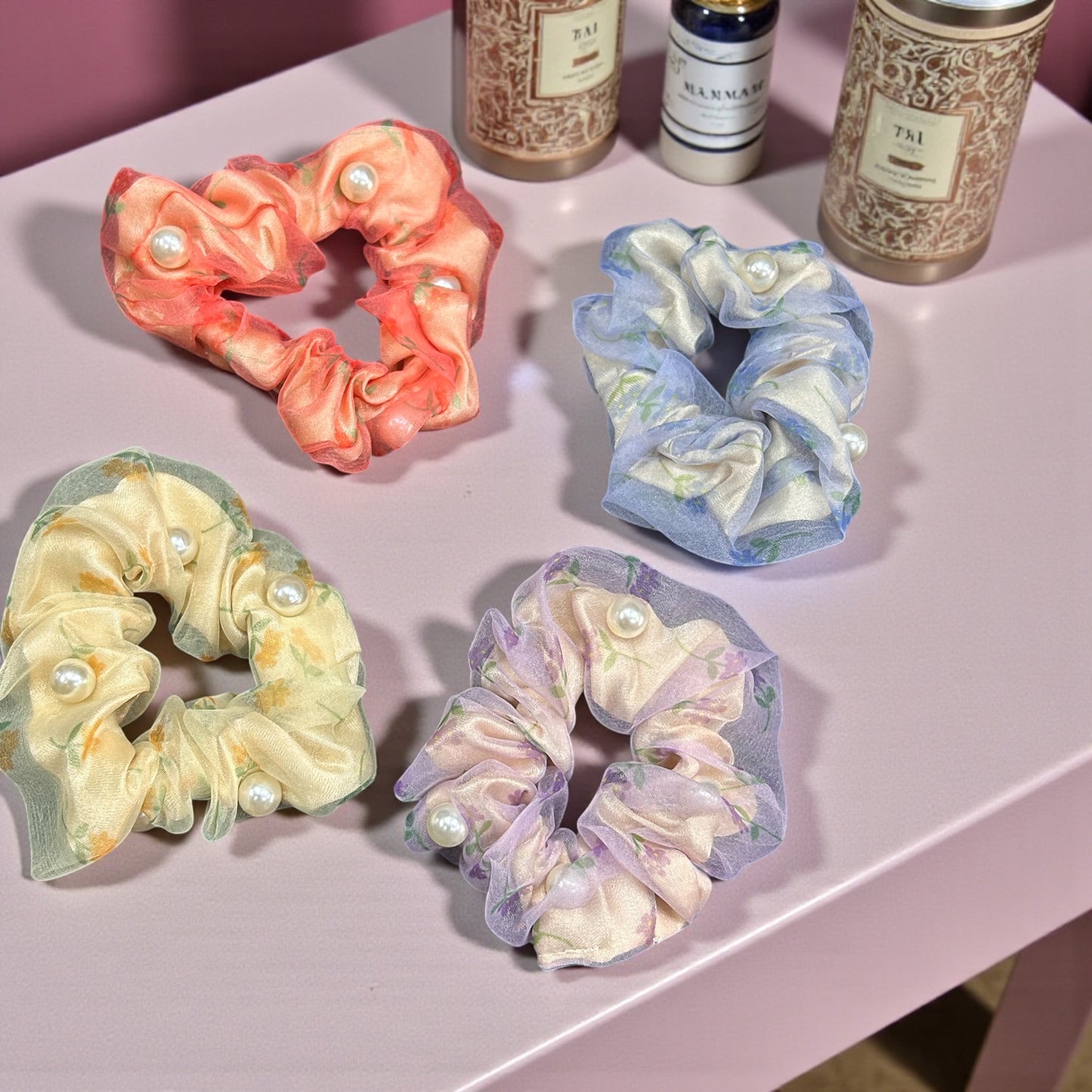 Pearl Floral Organza Hair Scrunchers for Girls & Women ( pack of 12)